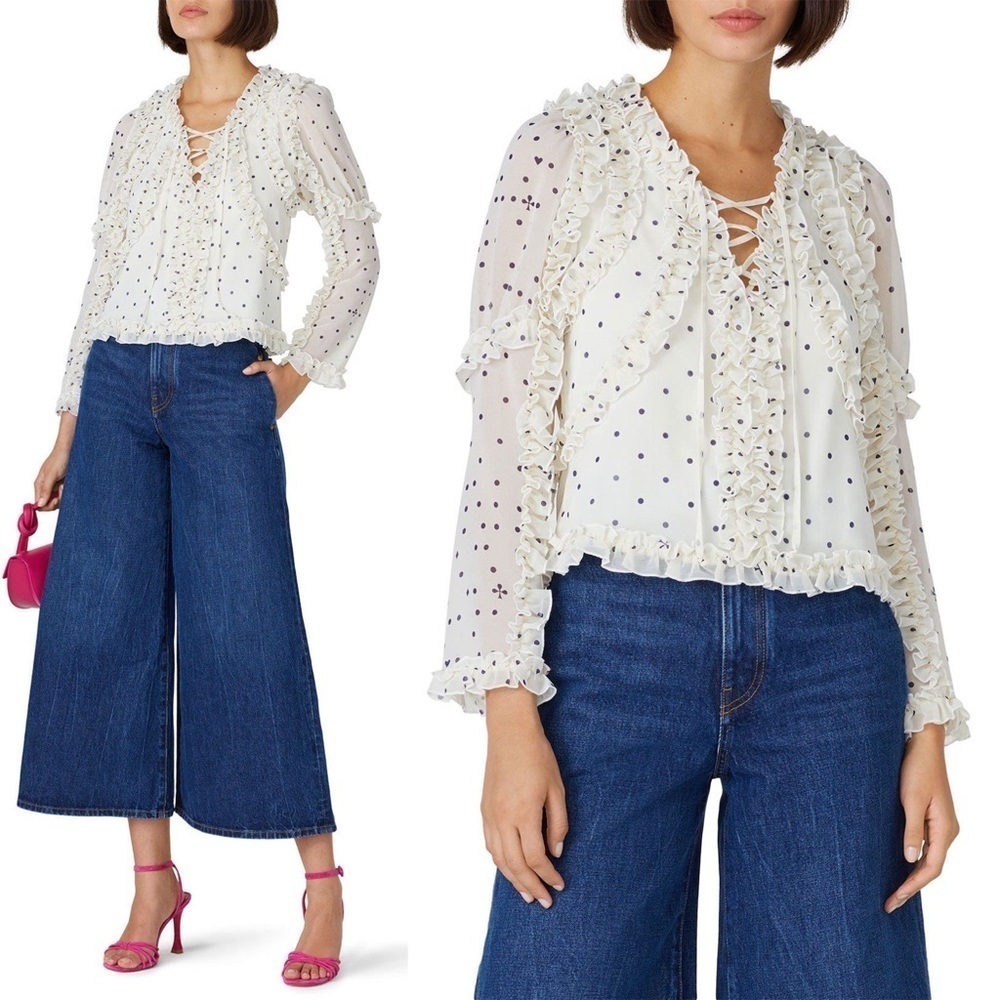 Koché Collective Ruffle Lace-Up Long Sleeve Printed Dot Blouse - IT 40 / US 8